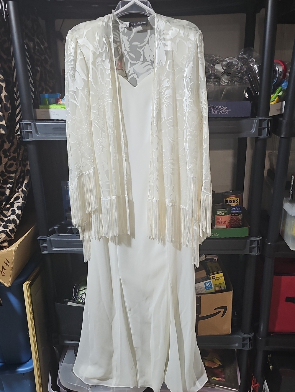 S.L. Fashions Cream Lace Fringe Jacket with Matching Slip Dress